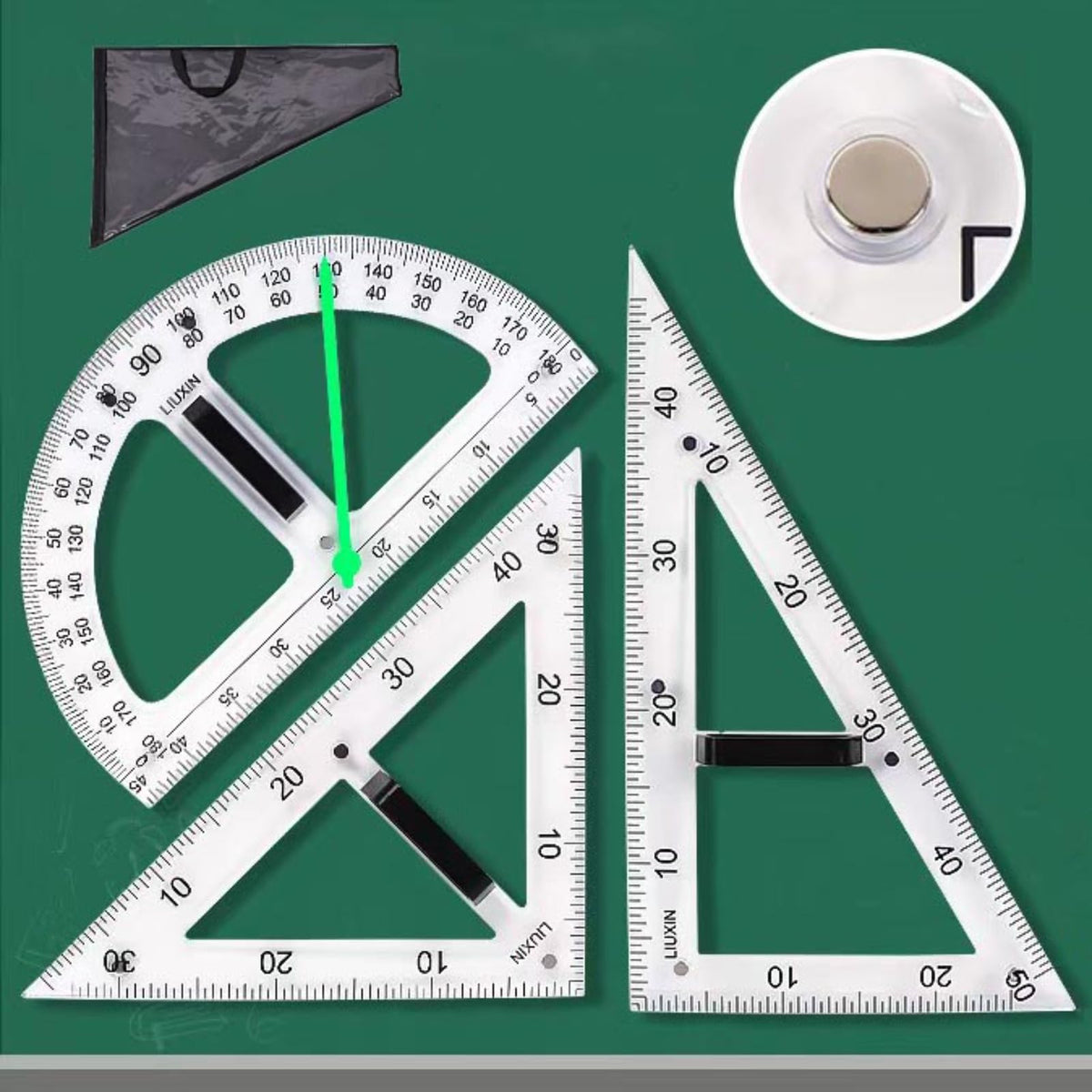 Magnetic Triangular Scale Ruler Set Drafting Tools Mathematics Protractor Pencil Compass, Math Geometry Classroom Teaching Measurement Set Oversized Ruler (4-pcs Ruler Compass Protractor)