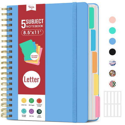 Taja Spiral Notebooks for Work 5 Subject Notebook with Removable Dividers