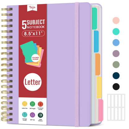 Taja Spiral Notebooks for Work 5 Subject Notebook with Removable Dividers