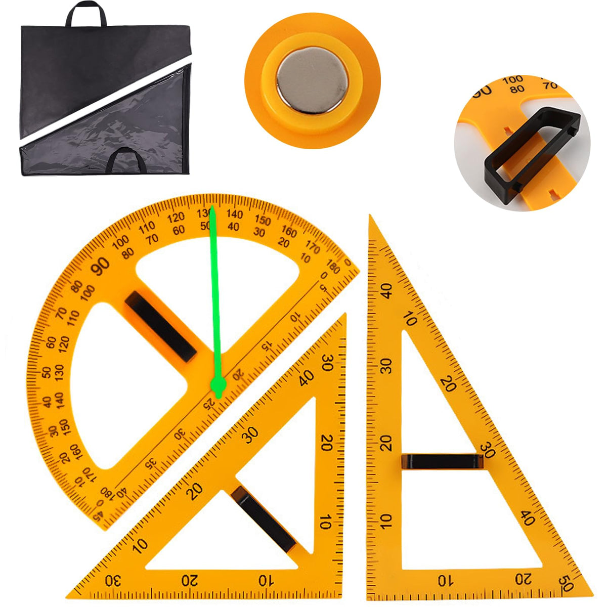 Magnetic Triangular Scale Ruler Set Drafting Tools Mathematics Protractor Pencil Compass, Math Geometry Classroom Teaching Measurement Set Oversized Ruler (4-pcs Ruler Compass Protractor)