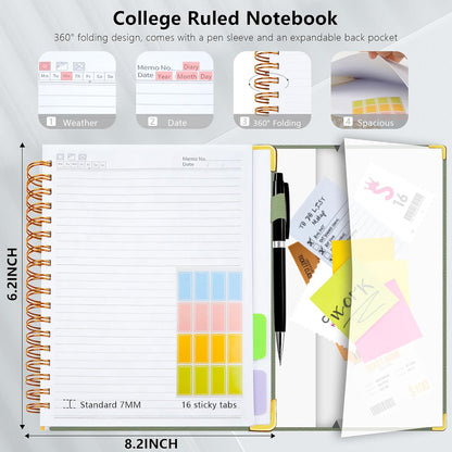 Hardcover Spiral Notebook College Ruled, 6.2"x 8.2" Leather Journal Notebook with Magnetic Closure, 300 Pages 5 Subject Notebook with Dividers Tabs Journal for Women Men, Work, School(Sage Green)