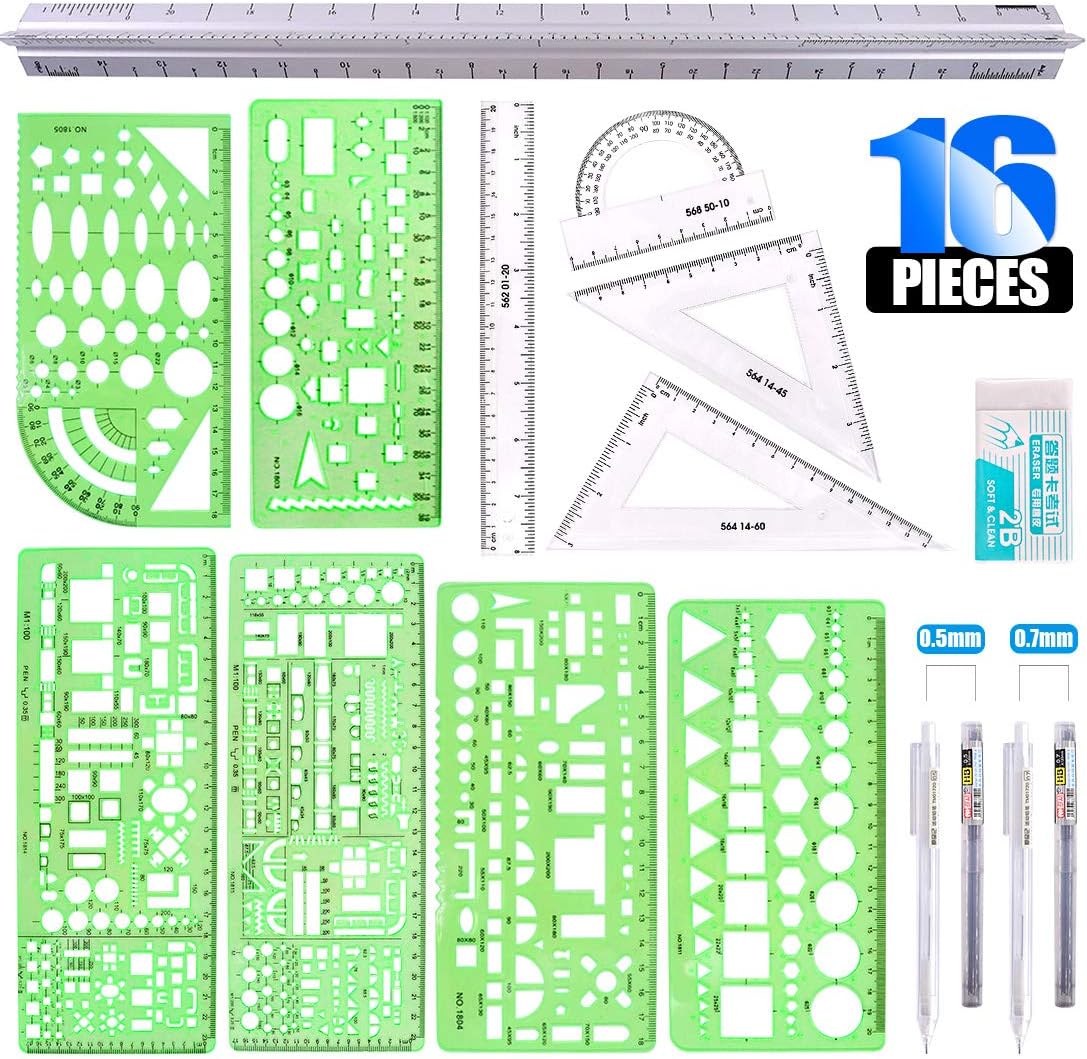 Glarks 16 Pieces Measuring Templates Building Formwork Stencils Geometric Drawing Rulers and Triangular Architect Scale Ruler with Pencil, Pencil Lead Refills, Eraser for Office and School