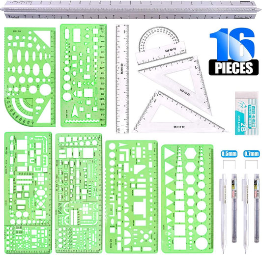 Glarks 16 Pieces Measuring Templates Building Formwork Stencils Geometric Drawing Rulers and Triangular Architect Scale Ruler with Pencil, Pencil Lead Refills, Eraser for Office and School