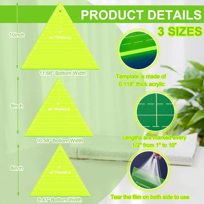 Kigley 3 Pcs 60 Degree Triangle Ruler for Quilting Acrylic Template Rulers Quilting Sewing Layer Cake Patchwork Supplies for Cutting Pattern DIY Craft(Green, 8, 9, 10 Inch)