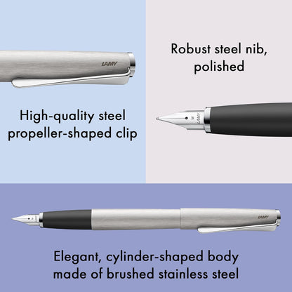 Lamy studio brushed - Fountain Pen in elegant metal body - steel nib, partially platinum-plated & in nib size M - incl T 10 blue ink cartridge