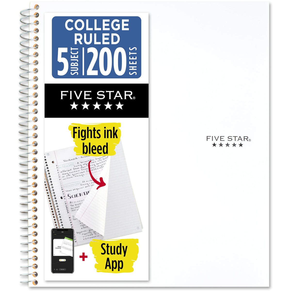 Five Star Spiral Notebook + Study App, 5 Subject, College Ruled Paper, 8-1/2" x 11", 200 Sheets, Fights Ink Bleed, Water Resistant Cover, Prom Pink (820004R)