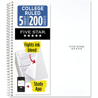 Five Star Spiral Notebook + Study App, 5 Subject, College Ruled Paper, 8-1/2" x 11", 200 Sheets, Fights Ink Bleed, Water Resistant Cover, Prom Pink (820004R)