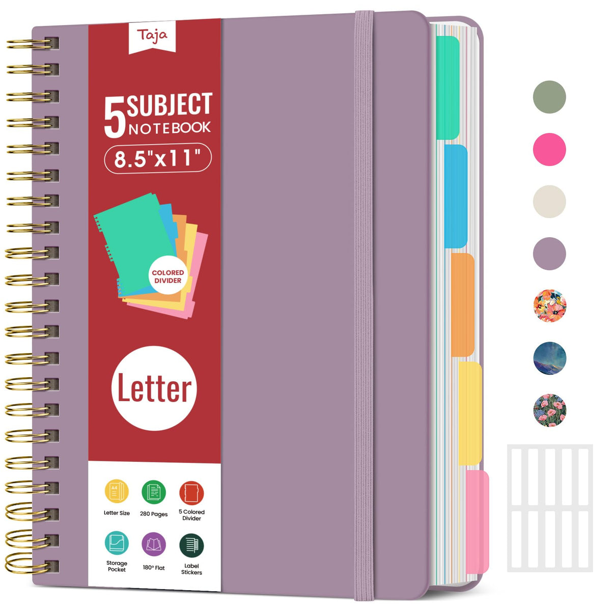 Taja Spiral Notebooks for Work 5 Subject Notebook with Removable Dividers