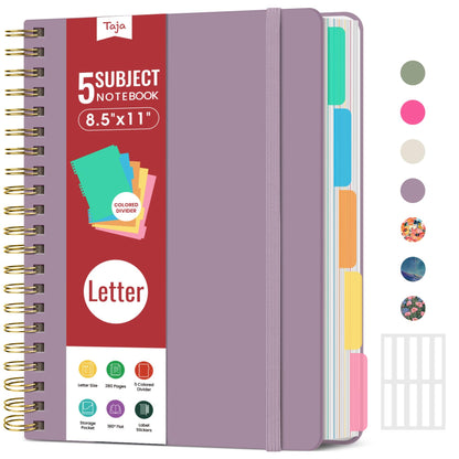 Taja Spiral Notebooks for Work 5 Subject Notebook with Removable Dividers
