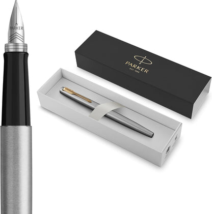 Parker Jotter Fountain Pen, Stainless Steel with Gold Trim, Medium Nib, Blue Ink & Gift Box