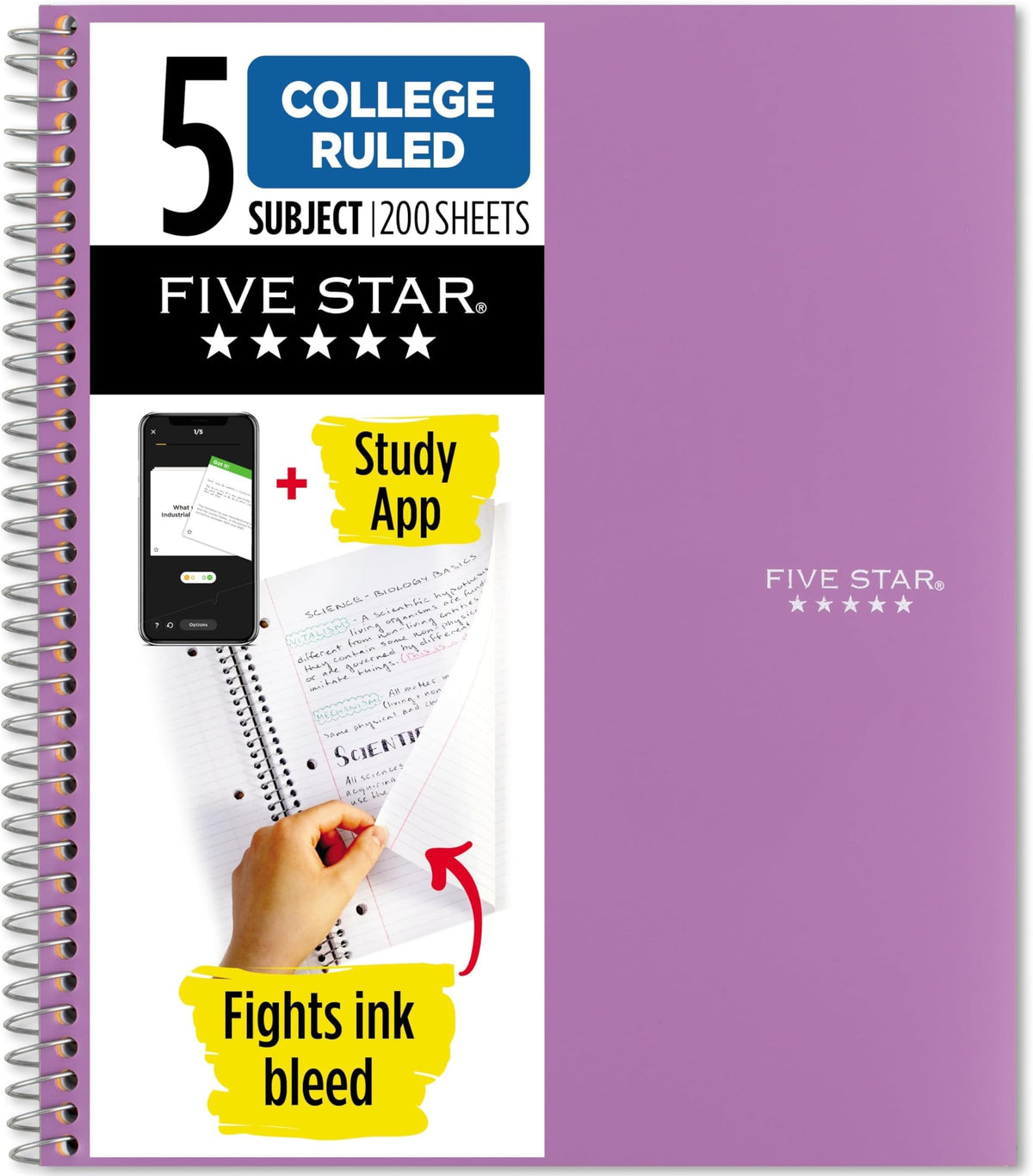 Five Star Spiral Notebook + Study App, 5 Subject, College Ruled Paper, 8-1/2" x 11", 200 Sheets, Fights Ink Bleed, Water Resistant Cover, Prom Pink (820004R)