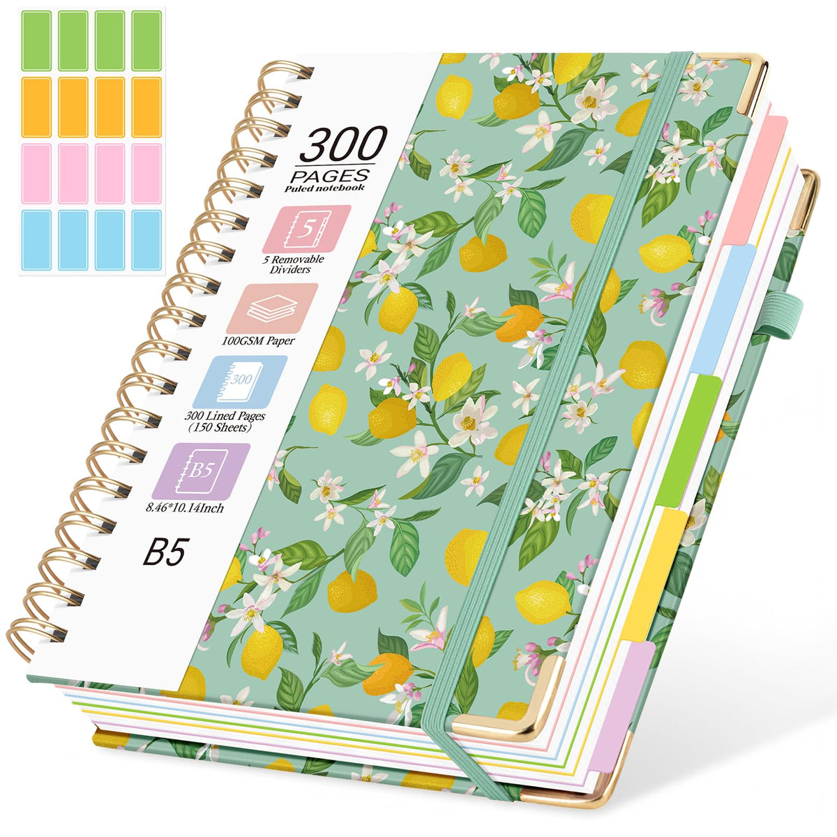 Hardcover Spiral Notebook, 5 Subject Notebook College Ruled 300 Pages
