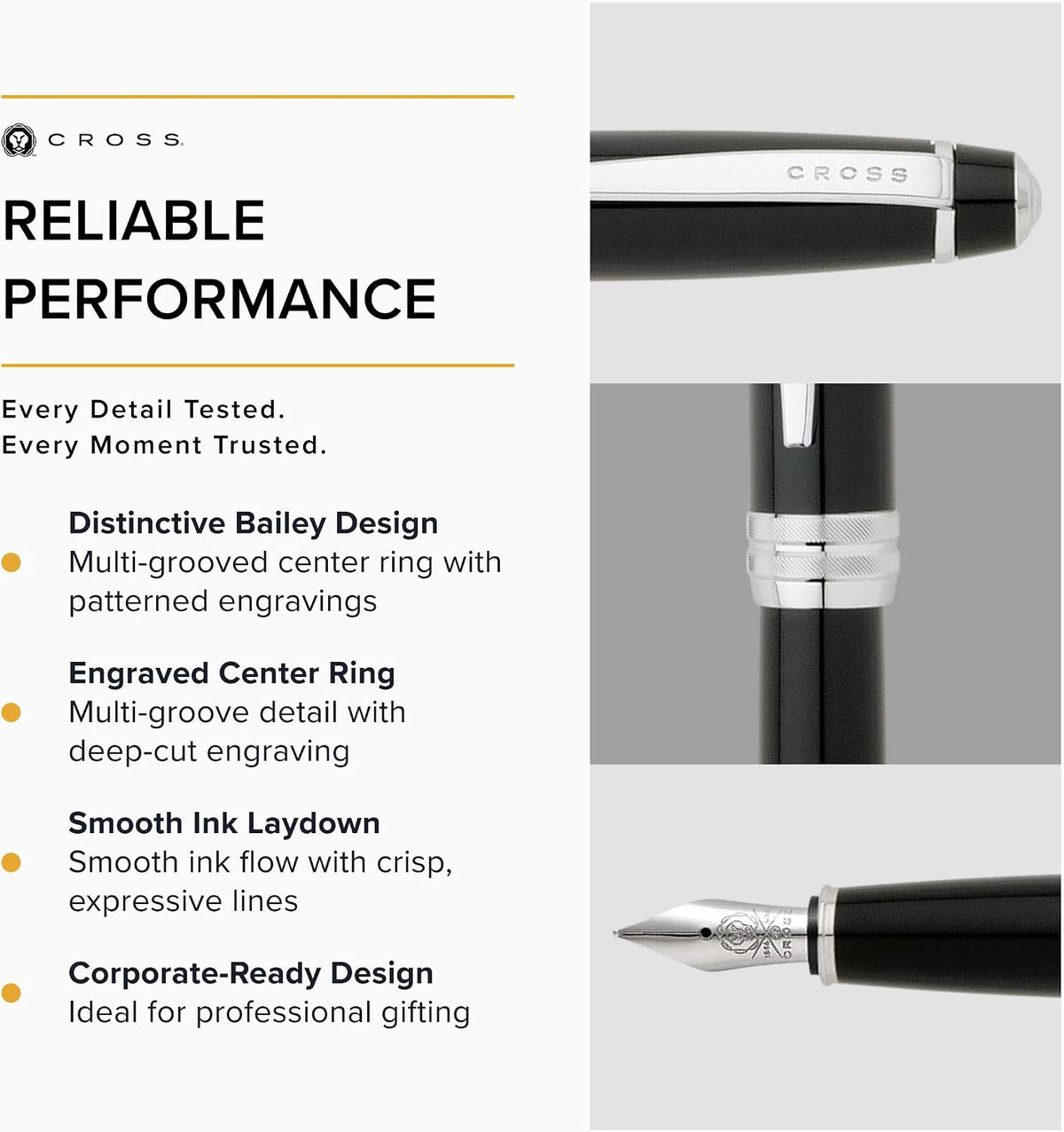 Cross Bailey Refillable Fountain Pen, Black Ink, Luxury Gift Box