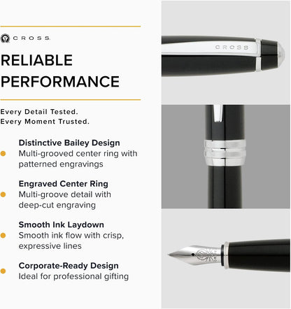 Cross Bailey Refillable Fountain Pen, Black Ink, Luxury Gift Box