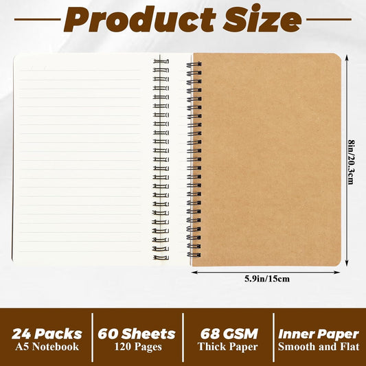 24 Pack A5 Spiral Notebooks Bulk with Kraft Cover, 8 x 5.9 Inch 120 Pages Spiral Lined Notebook Journal, Ruled Lined Travel Bulk Writing Paper Notebook for School Business Office Supplies