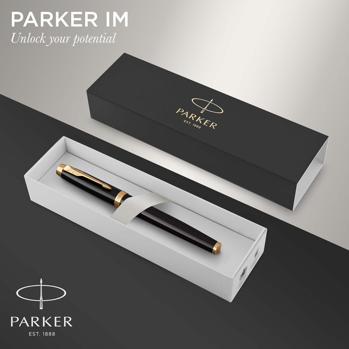 Parker IM Fountain Pen, Black Lacquer Gold Trim, Medium Nib with Blue Ink Refill, Gift Box (1931652)