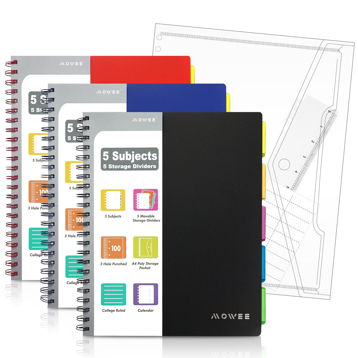 Spiral Notebook - 5 Subject Notebook, College Ruled Notebook 3-Hole Punched With Dividers, Storage Pockets, 11" Ruler, 200 Pages, for Writing Journal, Home &Office, School Supplies（Black）