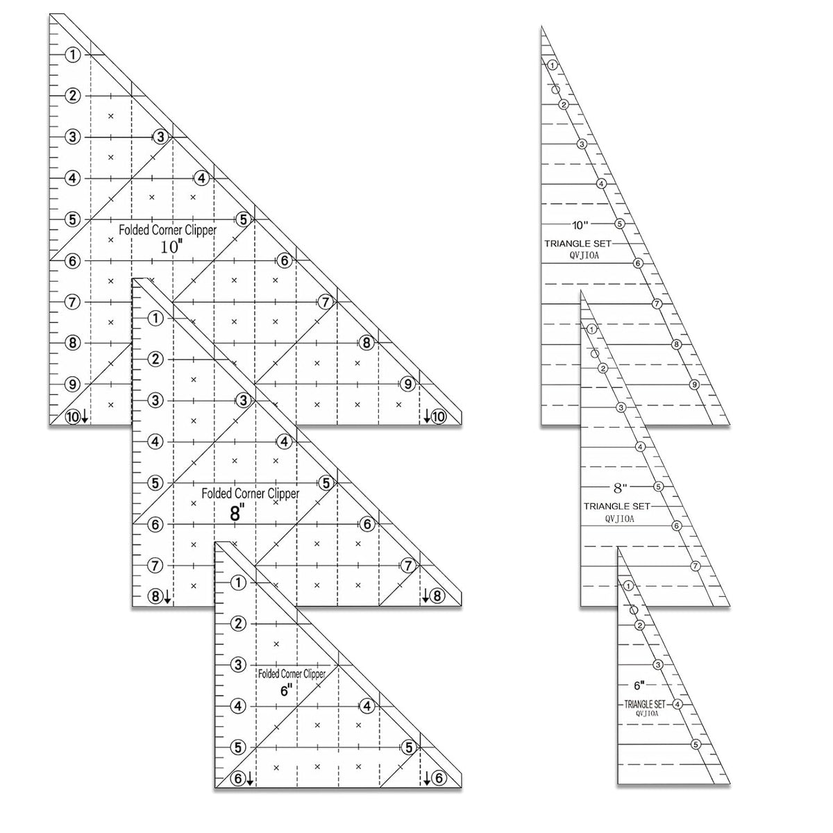 6 Pieces Folded Corner Ruler 6 8 10 Inch Quilting Template Triangle Ruler, 45 Degree Acrylic Triangle Quilt Template, Sewing Templates for Sewing Cutting Cutter Tools, Transparent