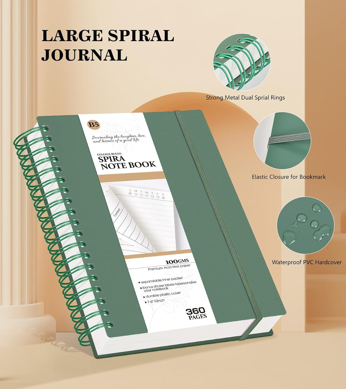 Spiral Notebook Journal, 360 Pages College Ruled Notebooks, Lined Thick Journals for Women Men,B5 Big Spiral Notebooks with 100GSM Paper, Spiral Bound Journal for Writing Work School Green 7.6"×10"