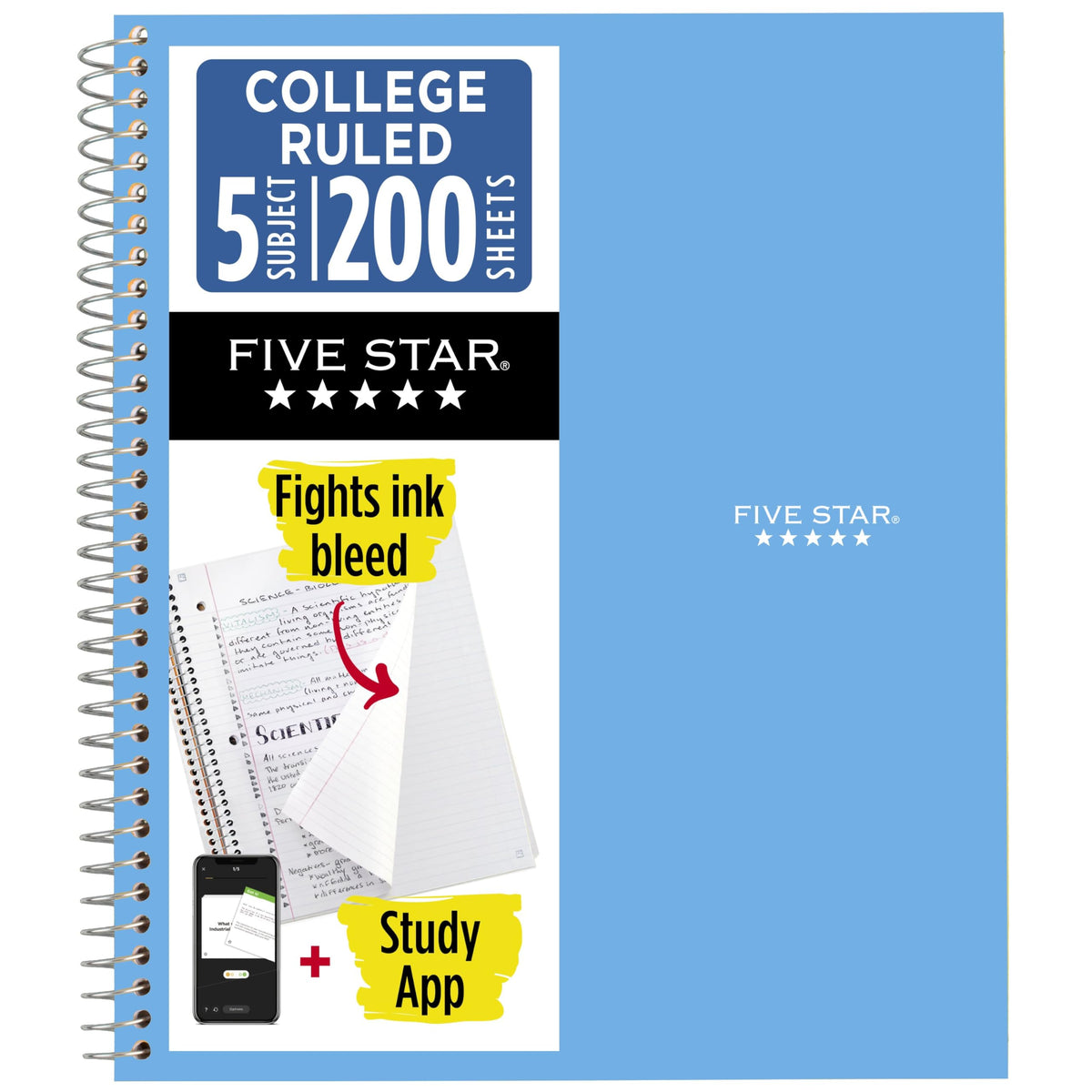 Five Star Spiral Notebook + Study App, 5 Subject, College Ruled Paper, 8-1/2" x 11", 200 Sheets, Fights Ink Bleed, Water Resistant Cover, Prom Pink (820004R)