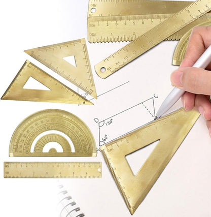 Solid Brass Golden Ruler Kit With Isosceles Triangle, Right Angle Triangle, 18Cm Measuring Scale And Protractor For School Or Office Use