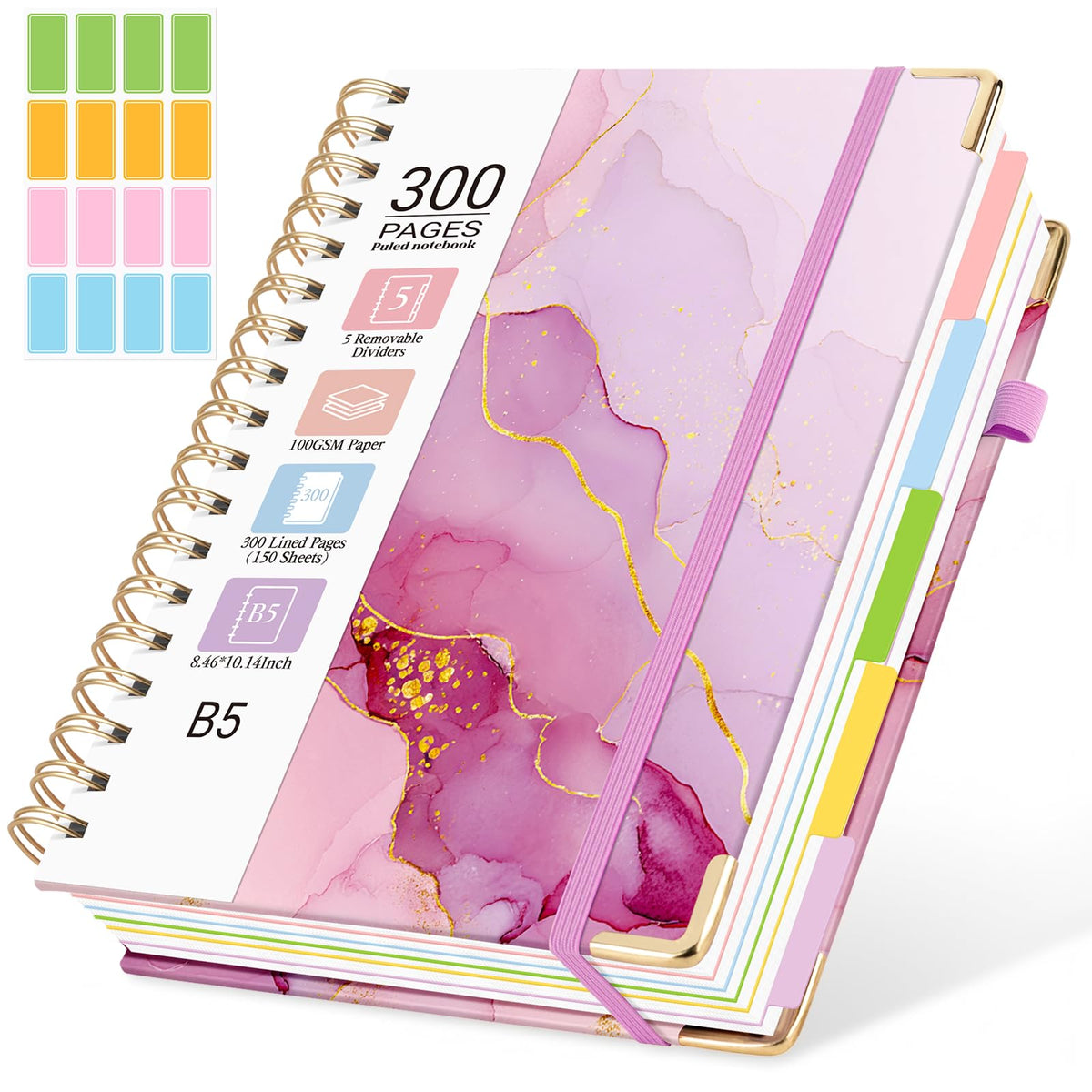 Hardcover Spiral Notebook, 5 Subject Notebook College Ruled 300 Pages