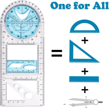 4 Pack Multifunctional Geometric Ruler, Mathematics Measuring Tool Draft Rulers Set, Rotatable Circular Drawing Template Ruler for Student Studying Designing Office Supplies (4 Styles)