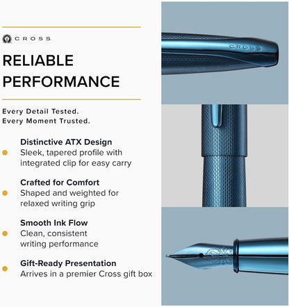 Cross ATX Sandblasted Dark Blue Fountain Pen, Fine Nib, Black Ink