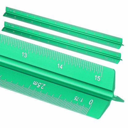 HARFINGTON 2 Pcs Architectural Scale Ruler, 12 Inch Metric Aluminum Alloy Architect Triangular Small Scale Laser-Etched Blueprint Drafting Ruler for Architects Engineers, Green
