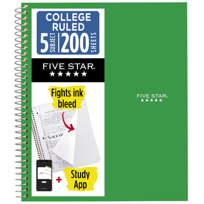 Five Star Spiral Notebook + Study App, 5 Subject, College Ruled Paper, 8-1/2" x 11", 200 Sheets, Fights Ink Bleed, Water Resistant Cover, Prom Pink (820004R)