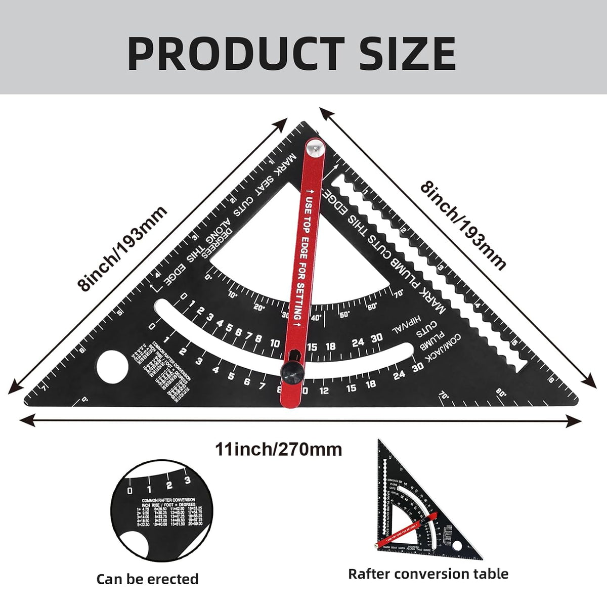 Carpenter Square 7 inch,Adjustable Rafter Framing Square Tools,T Square Multi-Purpose Aluminum Alloy Triangle Carpenter Square for Woodworking and Carpentry | Drill Gauge, Protractor, Ruler ﻿