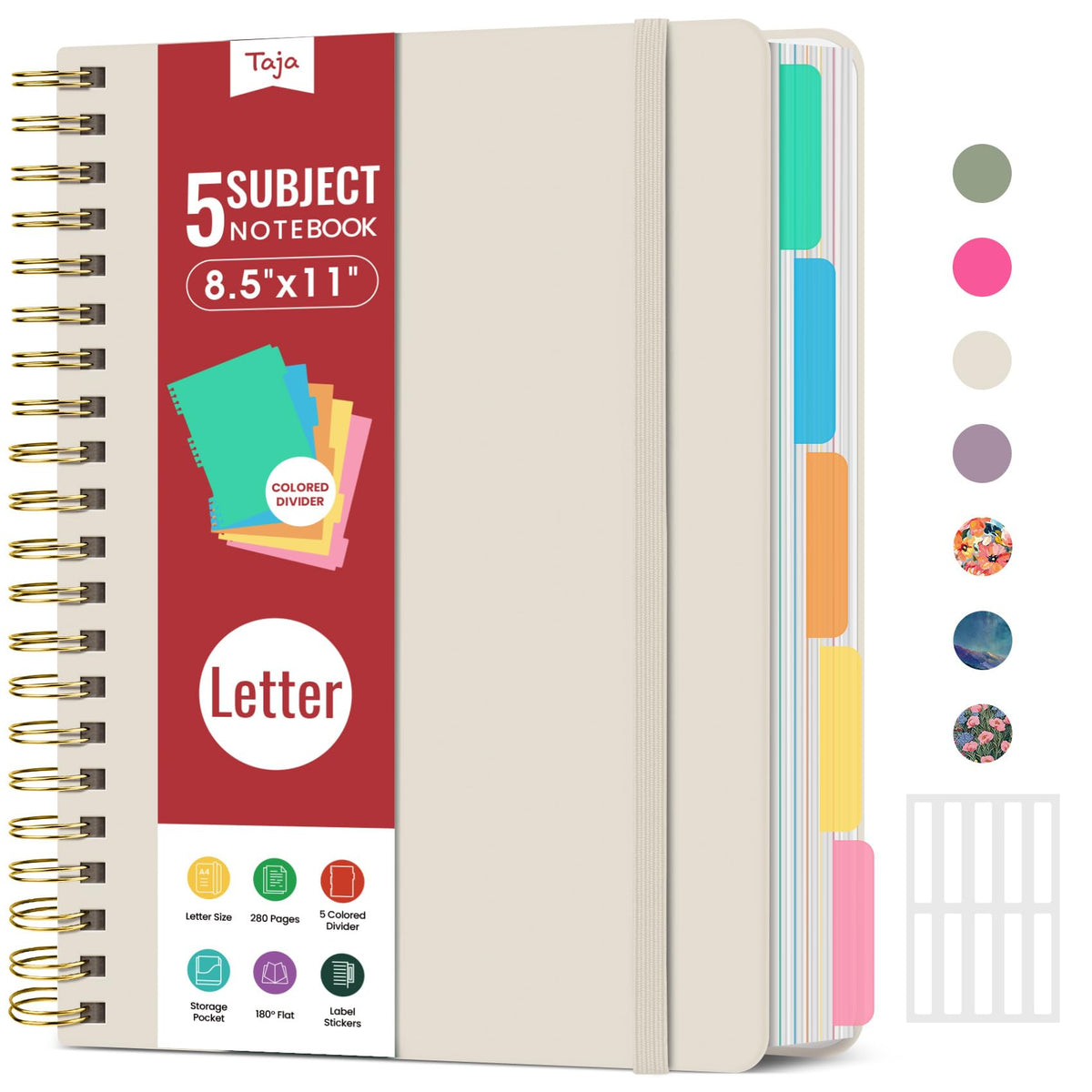 Taja Spiral Notebooks for Work 5 Subject Notebook with Removable Dividers