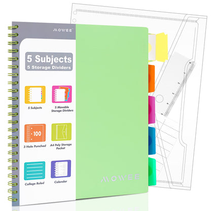 Spiral Notebook - 5 Subject Notebook, College Ruled Notebook 3-Hole Punched With Dividers, Storage Pockets, 11" Ruler, 200 Pages, for Writing Journal, Home &Office, School Supplies（Black）
