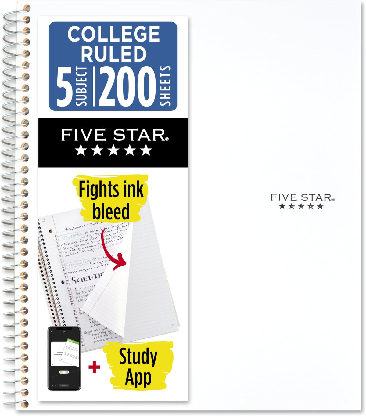 Five Star Spiral Notebook + Study App, 5 Subject, College Ruled Paper, 8-1/2" x 11", 200 Sheets, Fights Ink Bleed, Water Resistant Cover, Prom Pink (820004R)