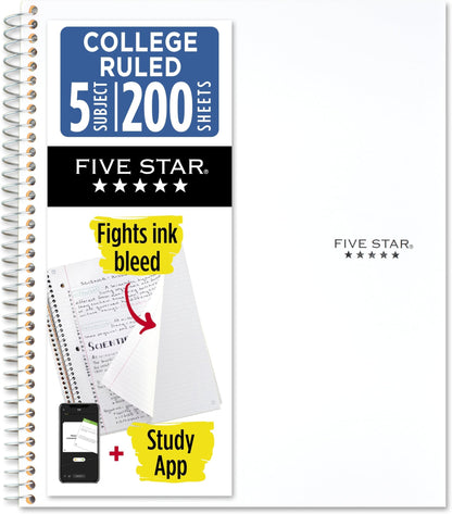 Five Star Spiral Notebook + Study App, 5 Subject, College Ruled Paper, 8-1/2" x 11", 200 Sheets, Fights Ink Bleed, Water Resistant Cover, Prom Pink (820004R)