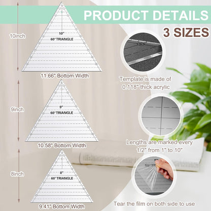 Kigley 3 Pcs 60 Degree Triangle Ruler for Quilting Acrylic Template Rulers Quilting Sewing Layer Cake Patchwork Supplies for Cutting Pattern DIY Craft(Clear,8,9,10 Inch)