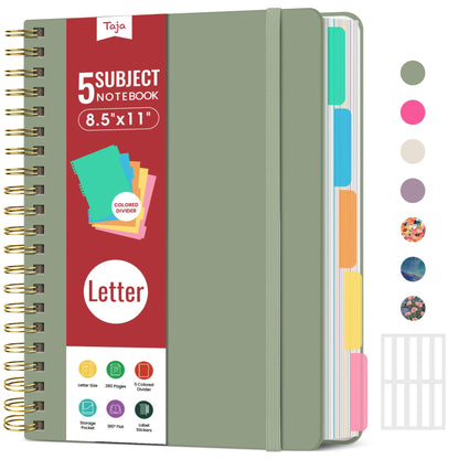 Taja Spiral Notebooks for Work 5 Subject Notebook with Removable Dividers