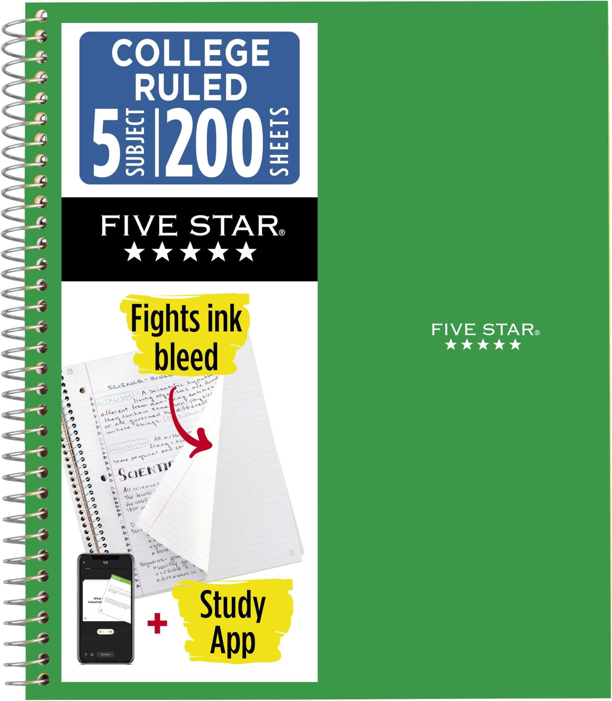 Five Star Spiral Notebook + Study App, 5 Subject, College Ruled Paper, 8-1/2" x 11", 200 Sheets, Fights Ink Bleed, Water Resistant Cover, Prom Pink (820004R)