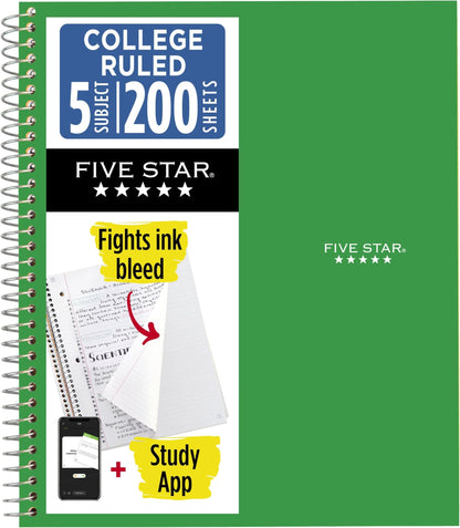 Five Star Spiral Notebook + Study App, 5 Subject, College Ruled Paper, 8-1/2" x 11", 200 Sheets, Fights Ink Bleed, Water Resistant Cover, Prom Pink (820004R)
