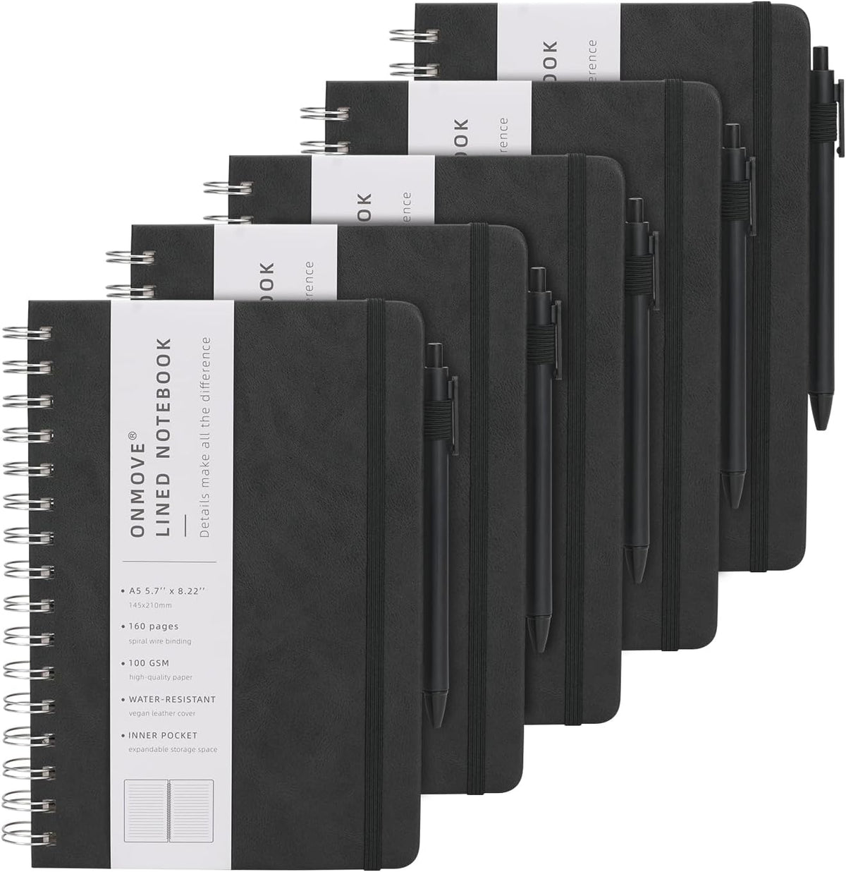 Spiral Notebooks Journal for Women Men 5 Pack Bulk Leather Hardcover with Pen Holder A5 160 Pages 100 GSM Thick Paper for Work School (Black)