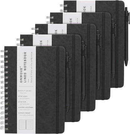Spiral Notebooks Journal for Women Men 5 Pack Bulk Leather Hardcover with Pen Holder A5 160 Pages 100 GSM Thick Paper for Work School (Black)