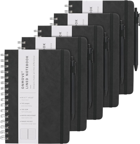 Spiral Notebooks Journal for Women Men 5 Pack Bulk Leather Hardcover with Pen Holder A5 160 Pages 100 GSM Thick Paper for Work School (Black)