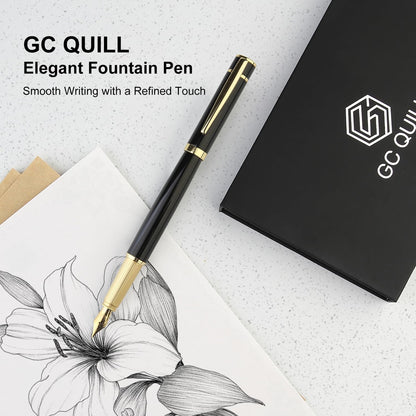 Fountain Pen Set, Elegant Executive Fine Nib Pen with Ink Converter, Refill Tool, Black & Assorted Cartridges, Bottled Ink, Gift for Journaling, Writing, Office and Beginners (Black & Gold)