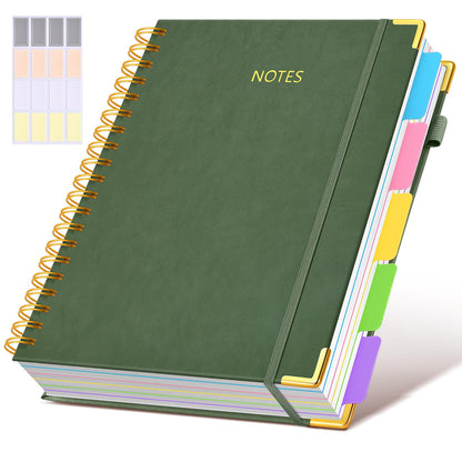 Hardcover Spiral Notebook journal with Removable Dividers Tabs, 300 Pages Leather 5 Subject Notebook College Ruled, 8"x10" Large B5 Notebooks for Work School Note taking, Lined Journal for Women,Green