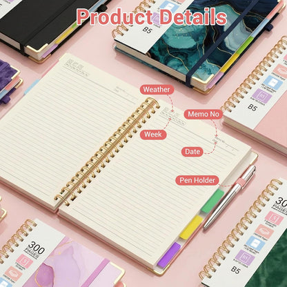 Hardcover Spiral Notebook, 5 Subject Notebook College Ruled 300 Pages