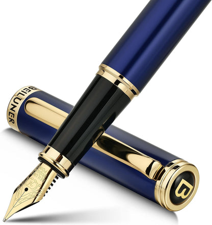 BEILUNER Blue Fountain Pen, 24K Gold Accents,24K Gilded Nib(Medium)