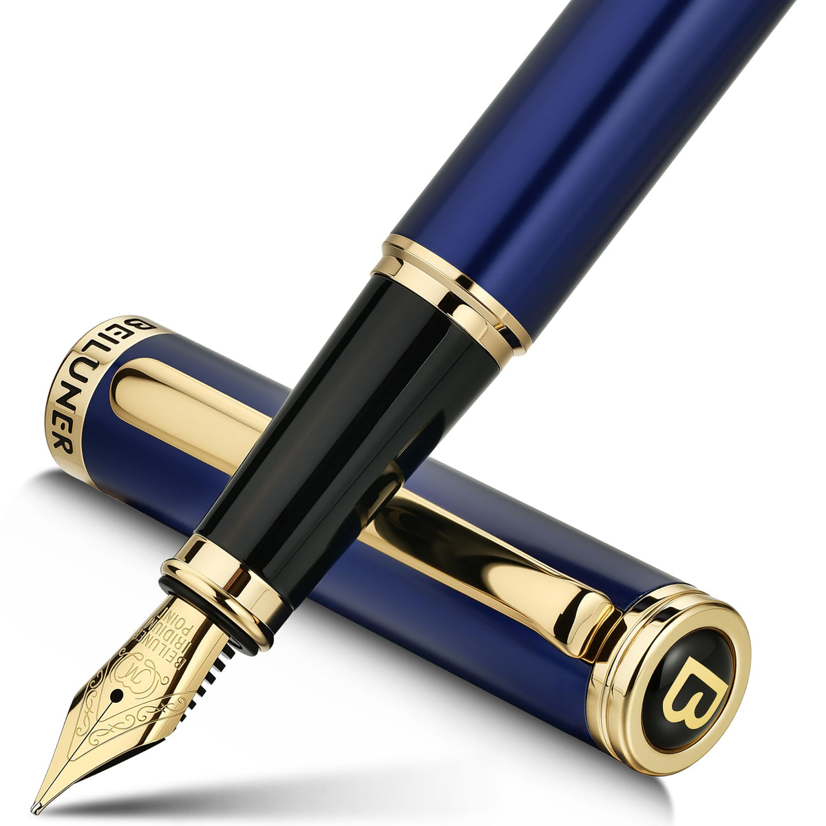 BEILUNER Blue Fountain Pen, 24K Gold Accents,24K Gilded Nib(Medium)