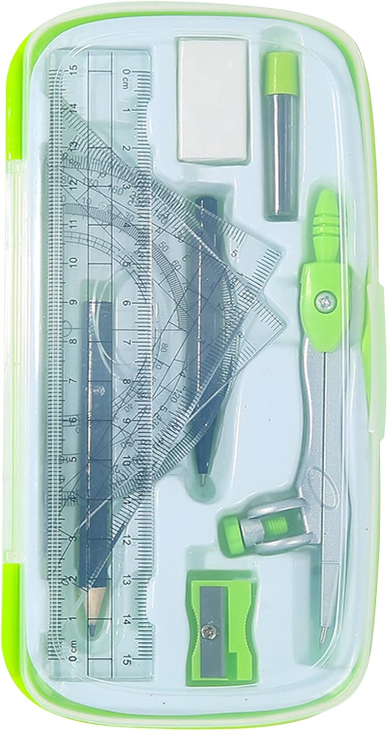 Mathematical Geometry Set, 10 Pieces of Student Supplies, with Storage Box, Compass, 6-Inch Ruler, Protractor, Triangular Ruler, Eraser, Pencil Sharpener, Refill, Pencil - Green