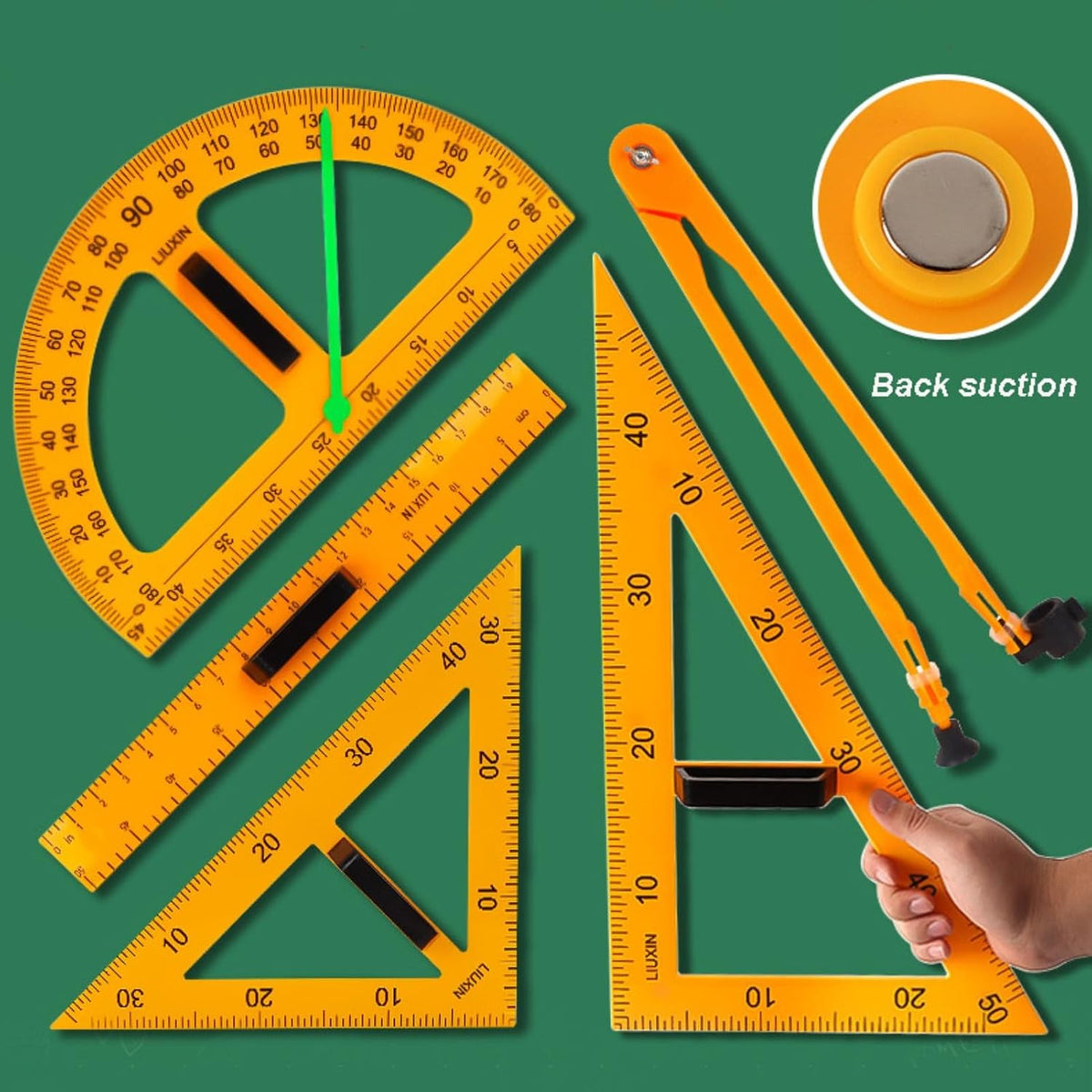 Magnetic Triangular Scale Ruler Set Drafting Tools Mathematics Protractor Pencil Compass, Math Geometry Classroom Teaching Measurement Set Oversized Ruler (4-pcs Ruler Compass Protractor)