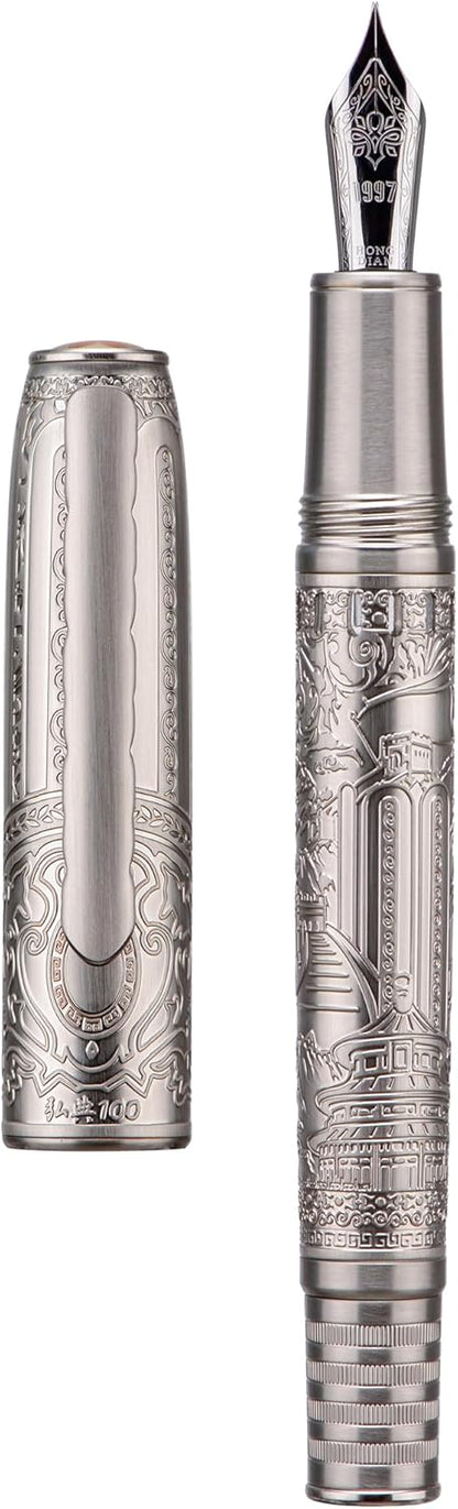 Hongdian 100 Piston Fountain Pen Silver Steel, Iridium Medium Nib Calligraphy Pen, Smooth Writing Pen with Pen Case Set